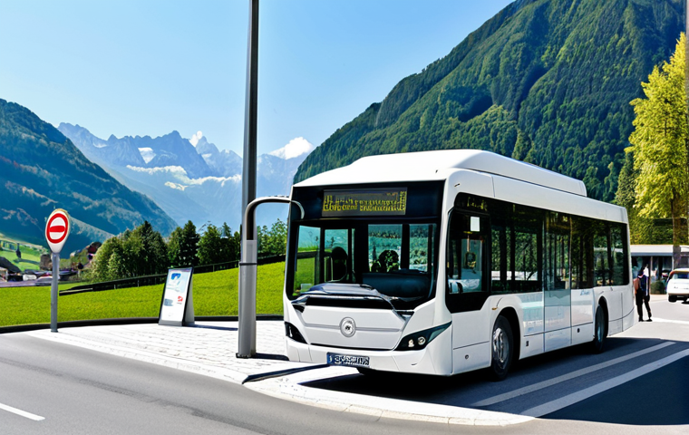 Modern Liechtenstein Bus Stop**

"A modern, clean bus stop in Liechtenstein, featuring an electric bus picking up passengers. The scene includes mountains in the background, people waiting patiently, and clear signage. The bus is painted in a neutral color scheme with subtle branding. Focus on a sunny day, with the scene conveying efficiency and sustainability. safe for work, appropriate content, fully clothed, professional, perfect anatomy, natural proportions, daytime scene."

**